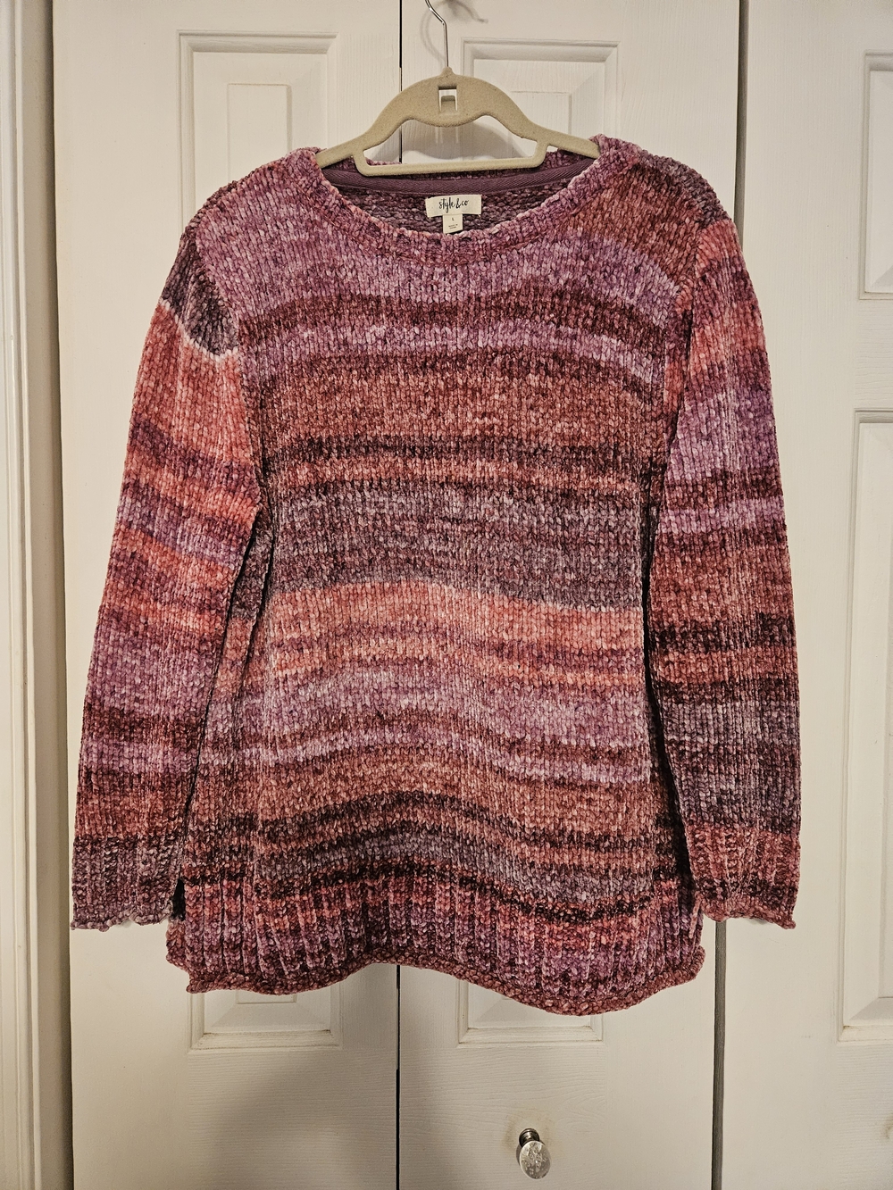 Style & Co Women’s L Chenille Sweater Pink Purple Striped Cozy